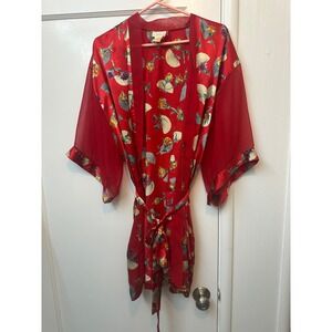 Delicates Red Satin Kimono Robe Asian Fan Floral Print Sheer Mesh Sleeve Short